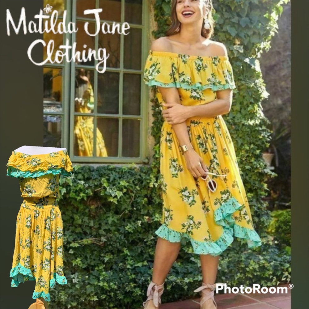 Matilda Jane Hooked On a Feeling Off Shoulder Colorblock Floral Hanky Hem Dress